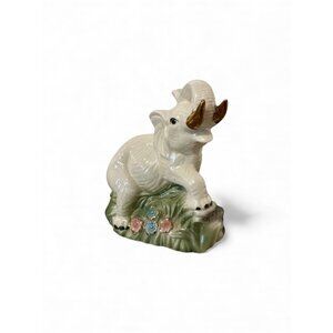 Vintage Ceramic‎ Elephant Figurine With Gold-Tone Tusks On Grass & Flowers 11" x